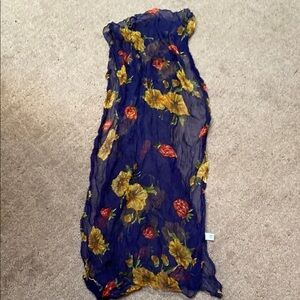 Floral & Strawberries Sheer Blue Scarf with Gold and Red Accents Spring Fall